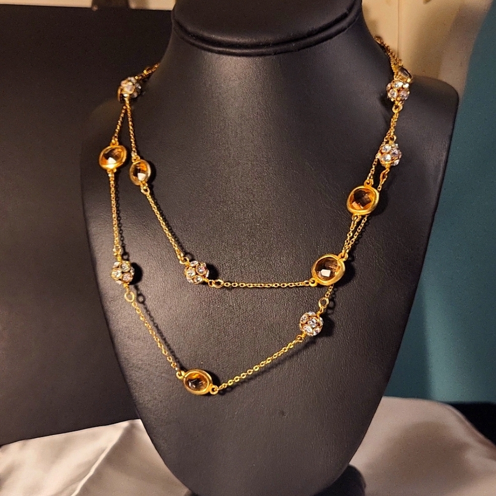 112. Stella & Dot Goldtone Rhinestone Station Bar Flapper Necklace 36"